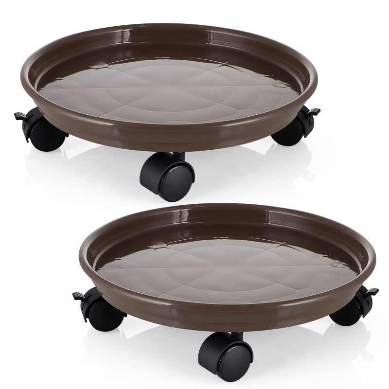 Skelang 13" Plant Caddy, Movable Plant Stand Pot Saucer, Plant Pallet Tray Trolley with Casters, Plant Dolly for Garden Planter, Deck Potted Plant, Each Load Capacity 125 Lbs, Pack of 2 (Brown) - Image 1